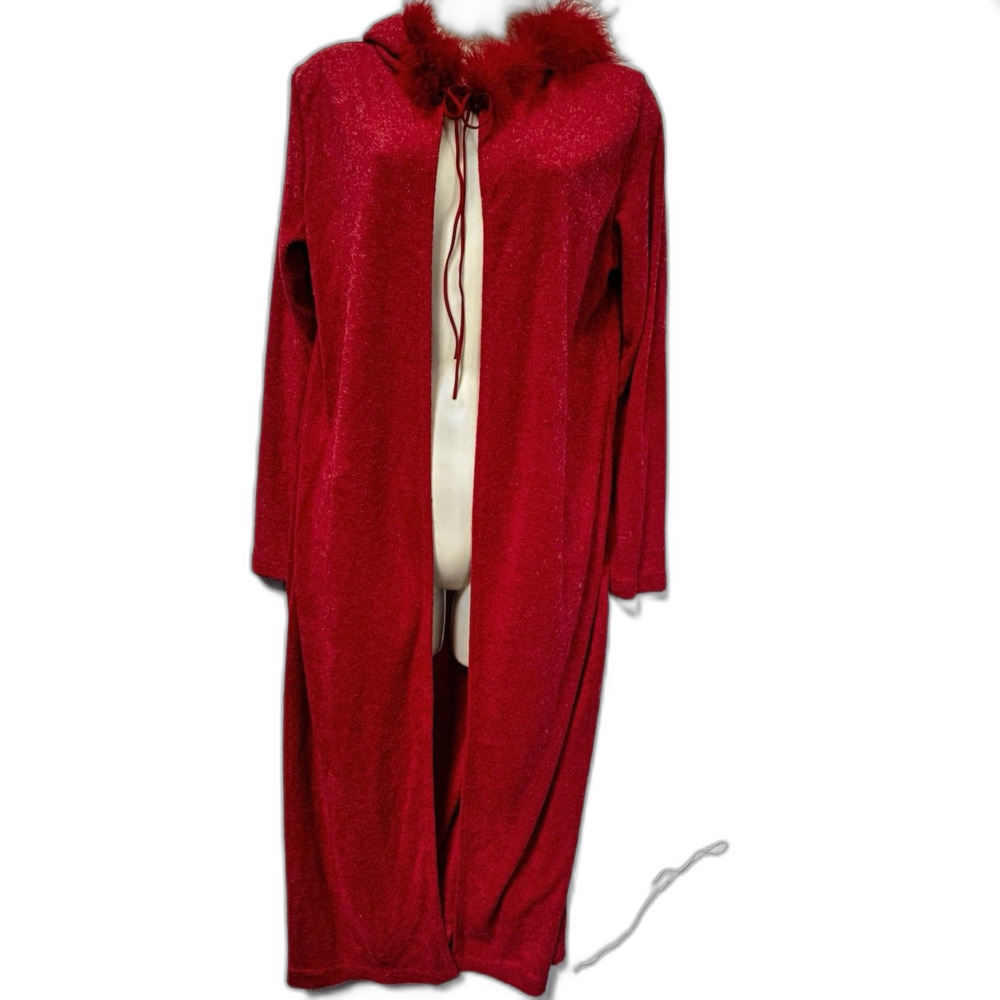 Cantata Red Long Cap Cardigan Faux Fur Hood Tie Front Long Sleeves Size Large